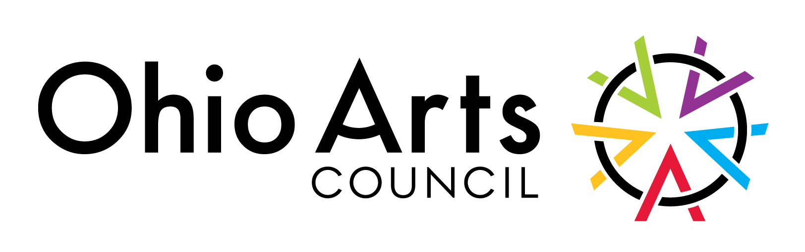 The Ohio Arts Council logo, which is a wide‑format logo on a white background. On the left, the words “Ohio Arts” appear in large, bold, black sans‑serif type, with “Council” centered beneath in smaller black letters. To the right is a stylized wheel motif: a broken black circle punctuated by five brightly colored chevrons or arrowheads: lime green, violet, sky blue, dusted brick red, and warm yellow with each “pointing” toward the circle’s center like spokes. The overall effect suggests creativity radiating outward from a unified core.